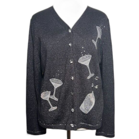 VTG Christina Rotelli Cardigan Sweater Black Martini Cocktail Drink NYE Metallic - Picture 1 of 6